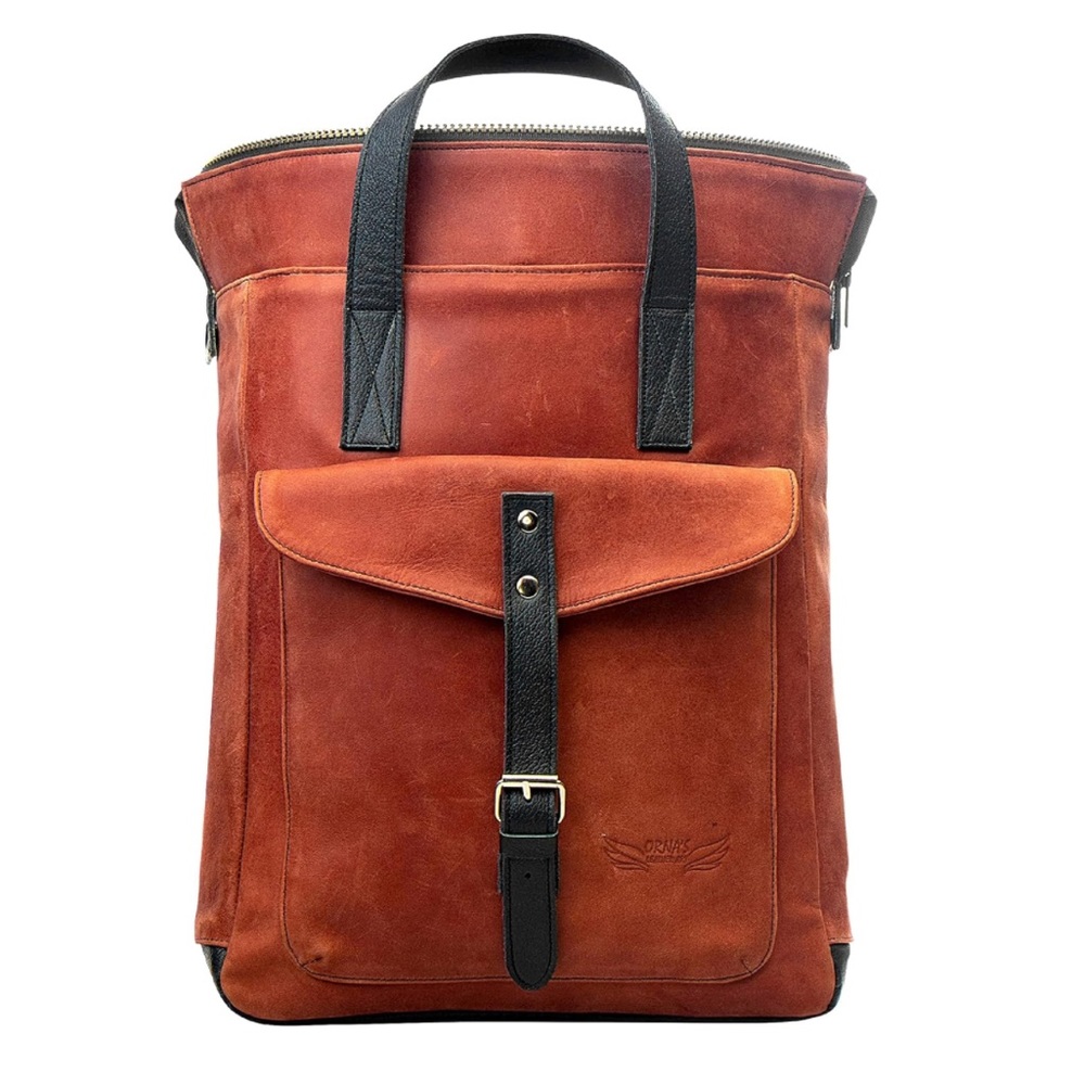 ORNA'S • Red Cognac Leather Backpack Bag Chic Contemporary - Picture 1 of 6